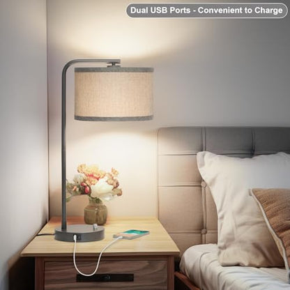 Gray Bedside Lamp with USB C+A Ports, Fully Dimmable Modern Nightstand Lamp - color: Metal Gray Base with Gray Shade