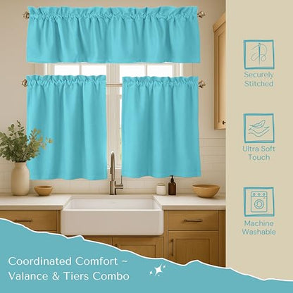Native Fab Kitchen Window Curtains, 3 Piece Set, Valance 54x18, Tiers 26x36 Inch, Rod Pocket, Semi Sheer, Privacy Tiers with Topper, Durable, Great for Beach House, Bathroom, Dining Area, Ocean Blue - color: Ocean Blue