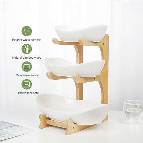 SEVEN SPARTA 3 Tier Fruit Bowl for Kitchen Counter (PLUS edition) / Ceramic Serving Bowls with Bamboo Stand/Big Size Tiered Fruit Basket for Fruit Vegetable Storage, Dessert, Salad Buffet Server - style: PLUS edition