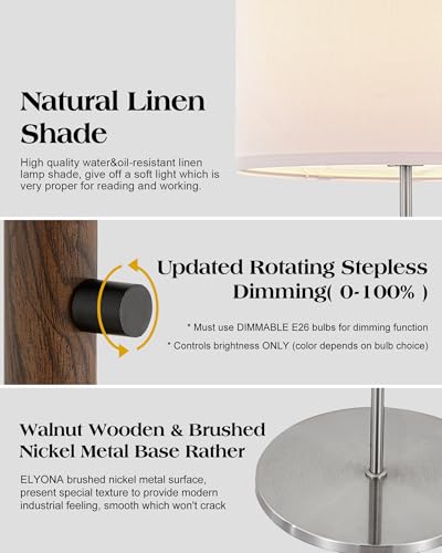 ELYONA Dimmable Floor Lamp Walnut Wood Grain & Brushed Nickel Standing Lamp Mid Century Modern Coner Pole Lamp with White Fabric Shade & Rotary Switch for Living Room Bedroom Office,LED Bulb Included - color: Walnut Wood Grain & Brushed Nickel