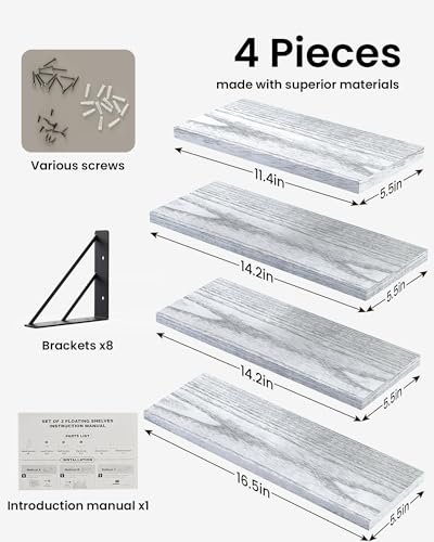 BAYKA Wall Mounted Floating Shelves (Gray and White, Set of 4, 16" Mixed) - color: E. Gray White Board & Black Brackets, size: 16 inches Mixed