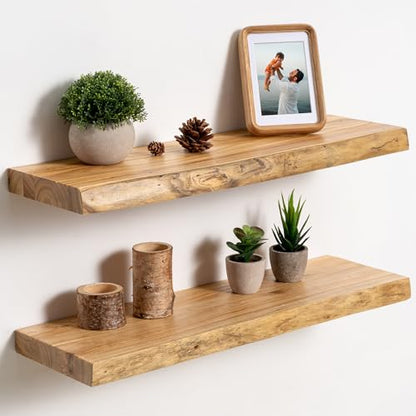 fuqing Live Edge Floating Shelves for Wall, 24 Inch Solid Elm Wood Shelves - color: Natural Elm Live Edge - 8"d, size: 24"L - 2Packs