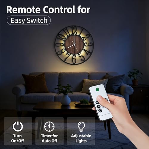 24" Silent Wall Clock – Adjustable Night Light, Battery Operated - color: Black Walnut - Arabic Numerals, size: 24 inch(60 cm)