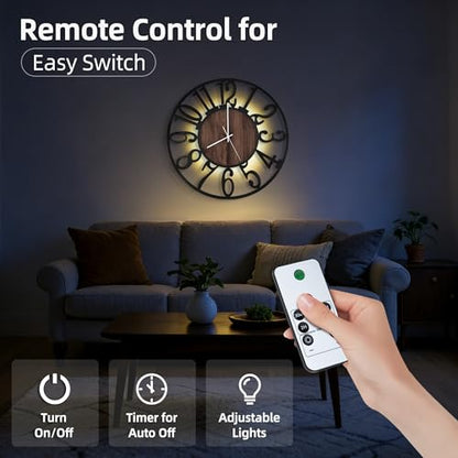 24" Silent Wall Clock – Adjustable Night Light, Battery Operated - color: Black Walnut - Arabic Numerals, size: 24 inch(60 cm)