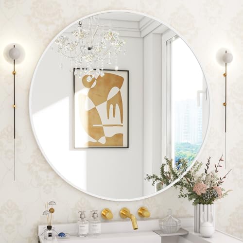 BEAUTYPEAK 24 Inch Round Mirror, Metal Frame Circle Mirror, White - color: White, size: 24"L x 24"W