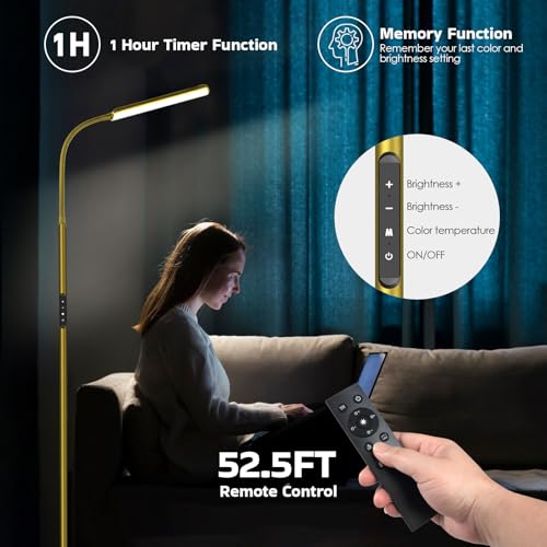 Dimunt LED Floor Lamp, Stepless Adjustable 3000K-6000K Colors, Golden - color: Golden