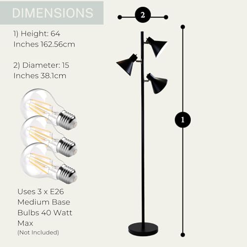 LIGHTACCENTS Black Tree Floor Lamp with 3 Adjustable Lights – Modern Standing Lamp, Adjustable Black Lamp Shades, Pole Light for Living Room, Bedroom, and Office - color: Black