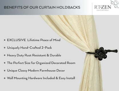 RTZEN Decorative Metal Curtain Tiebacks - Farmhouse Wrought Iron Curtain Holdbacks - Drapery Holders for Wall - Unique Metal Tie Backs for Curtains - 2 Pcs (Black Flower) (Pack of 2) - size: Medium (Pack of 2), style: Flower