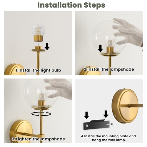 Globe Battery Operated Sconce Set of 2 with Clear Glass Lampshade - color: Gold-Clear