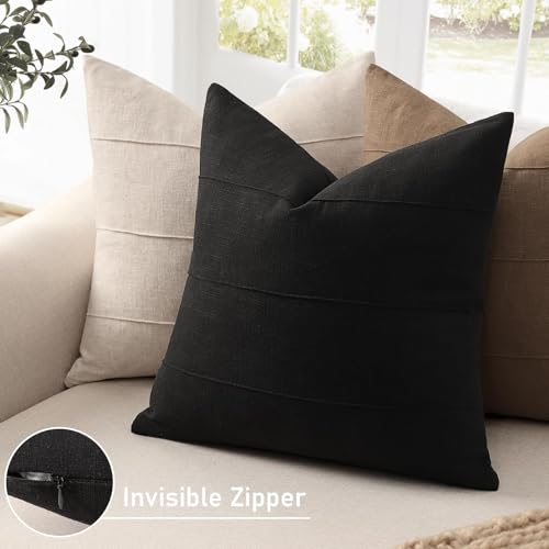 ZWJD Decorative Linen Throw Pillow Covers 16x16 Set of 2 Solid Handcrafted Striped Cushion Covers for Bed Soft Modern Farmhouse Neutral Pillowcase for Couch Bedroom Living Room Home Decor(Black) - color: Black, size: 16" x 16" (Pack of 2)