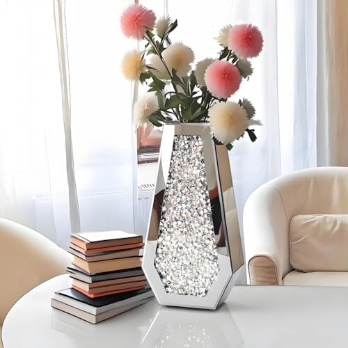 ALLARTONLY Flower Vase Crushed Diamond Mirrored Vase Crystal Silver Glass Decorative Mirror Vase Large Size Luxury for Home Decor. Diamond Shape Thickened. Can’t Hold Water. - color: Crystal Silver