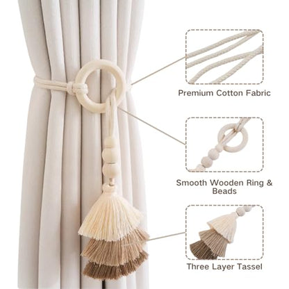 Boho Curtain Tiebacks with Wooden Beads & Tassel 2 Pack, Beige