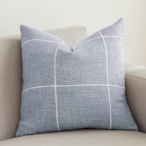 vctops Rustic Lattice Cotton Linen Decorative Throw Pillow Cover Embroidery Square Cushion Cover Pillowcase for Sofa Bedroom Couch (Plaid Blue, 16"x16") - color: Plaid Blue, size: 16" x 16" (Pack of 1)
