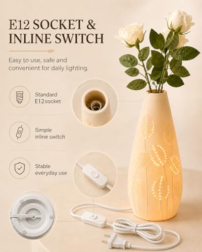 TACAHE Ceramic Vase Table Lamp - 2700K Bulb & 3 Artificial Flowers Included - style: Tulip