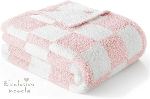 Exclusivo Mezcla Checkered Knit Blanket Twin Size for Bed, Pink - color: Pink, size: Twin (60"x80")