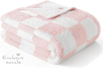 Exclusivo Mezcla Checkered Knit Blanket Twin Size for Bed, Pink - color: Pink, size: Twin (60"x80")