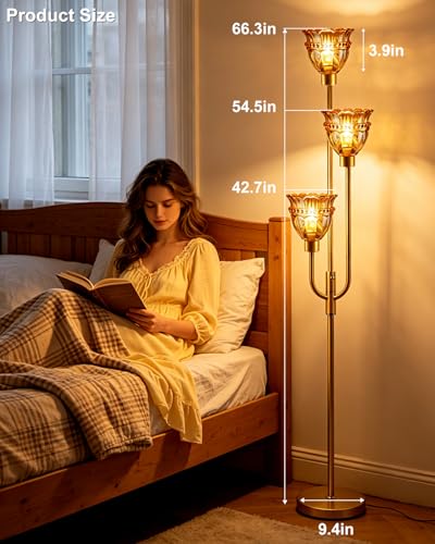Amber Glass Floor Lamp 66IN 3-Light Modern Gold Dimmable Tree Floor Lamps - color: Amber Lace-Gold