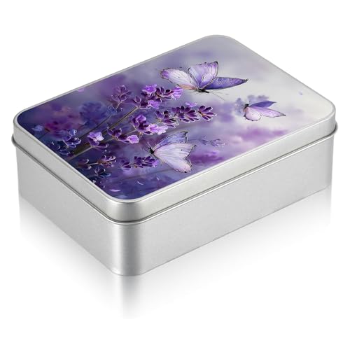 Small Metal Tin Box with Lid, Rectangular Silver Metal Storage Container, 4.92"×3.54"×1.57" Gift Decorative Empty Box, Lavender Butterflies - color: Lavender Butterflies, size: Small(4.92"×3.54"×1.57")