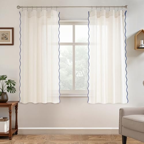 DriftAway Semi Sheer Scalloped Edge Linen Coastal Beach Window Curtains for Living Room Bedroom 2 Panels Rod Pocket Each Size 52 Inch by 63 Inch Navy - color: Linen Navy, size: 52"W x 63"L (Pack of 2)