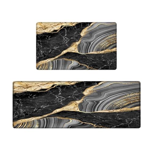 Kitchen Mats Set of 2, Cushioned Anti Fatigue Non Slip Waterproof Runner, Black Marble and Golden Veins Design, PVC Memory Foam for Kitchen Sink and Laundry - color: Black Marble