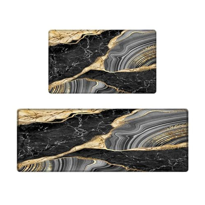 Kitchen Mats Set of 2, Cushioned Anti Fatigue Non Slip Waterproof Runner, Black Marble and Golden Veins Design, PVC Memory Foam for Kitchen Sink and Laundry - color: Black Marble