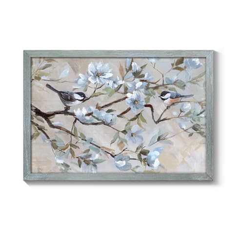 Spring Bird Scene Chickadees Rustic Framed Wall Art, 16" Lx11 W - color: Chickadees on Soft Pastel, size: 16"L x 11"W