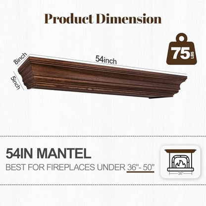 Rustic Fireplace Mantel 54", Solid Wood Floating Shelf, Brown - color: Brown, size: 54"