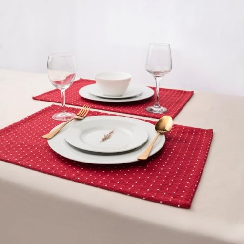 Cotton Placemats Set of 6-13x19 Inch, Diamond Quilted Place Mats, Durable & Elegant for Dining Table, Wedding, Restaurant, Machine Washable, Oeko-TEX Certified - Red - color: Red - Diamond Quilted