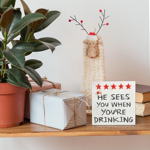 Funny Christmas Bar Wooden Box Sign Desk Decor, He Sees You When You're Drinking Wood Block Sign for Xmas Home Kitchen Bar Pub Desk Table Shelf Wall Decorations, 5x5 Inch - color: Funny-03
