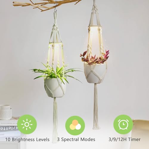 2 Pack Macrame Plant Hanger with Grow Light for Indoor Plants - color: Plant Hanger Ivory(daylight)
