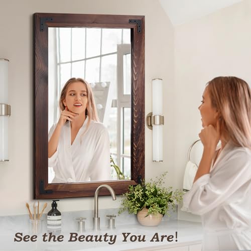 36"×24" Rustic Wood Frame Mirror for Wall, Bathroom Wooden Vanity Mirror - color: Dark, size: 36"L x 24"W
