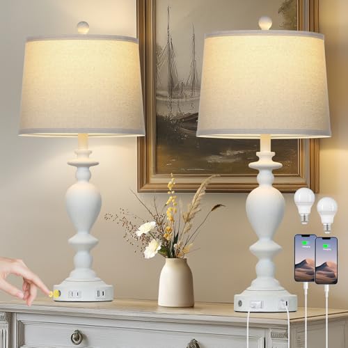 Cinkeda 28" White Farmhouse Table Lamps Set of 2 with USB C+A Ports & AC Outlet for Vintage Living Room Rustic Bedroom,3-Way Dimmable Touch Lamp Retro Resin Bedside Lamps for Nightstand Side Table - color: White-1