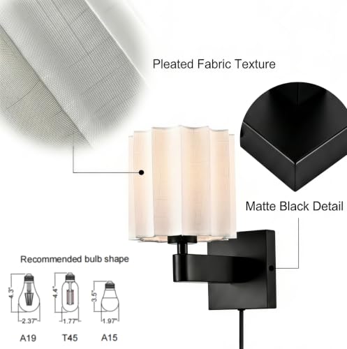 Plug in Black Wall Sconce Mid Century Modern Pleated Linen Shade - color: Black