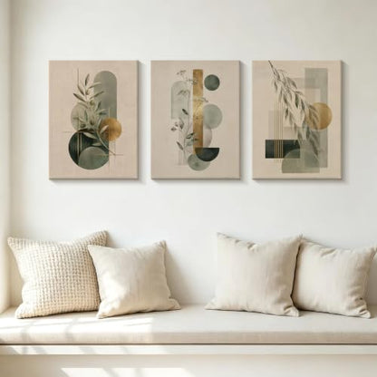 CUQQI Neutral Abstract Wall Art Set, Green Gold Canvas Prints 12x16In - color: Fern lines, size: 16" H x 12" W x 3Pcs