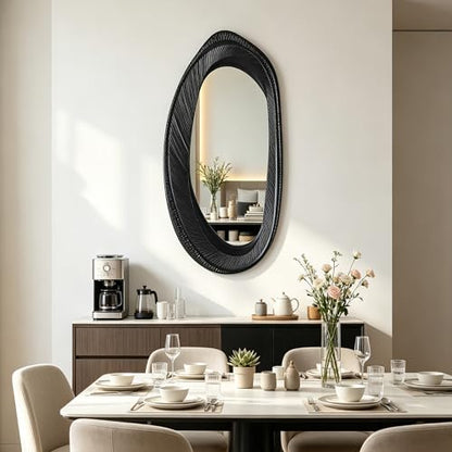 POZINO 47"X22" Large Irregular Wall Mirror, Black Asymmetrical Oval Mirror - size: 47"L x 22"W
