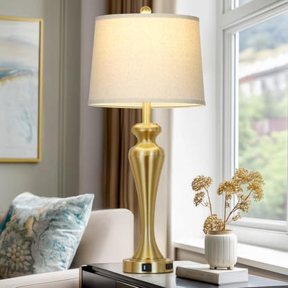 30" Gold Tall Table Lamps for Living Room, Touch Control Bedroom Lamp with USB A+C Ports and AC Outlet, 3-Way Dimmable Bedside Table Lamps Set of 2, Modern Metal Lamp for Nightstand - color: Gold