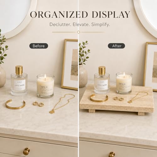 Travertine Pedestal Decorative Tray 13.8 x 6.7 in - color: Beige Travertine-13.8 in