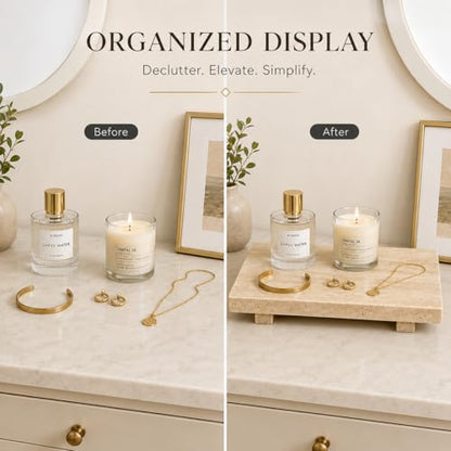 Travertine Pedestal Decorative Tray 13.8 x 6.7 in - color: Beige Travertine-13.8 in