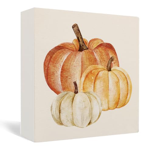 Rustic Farmhouse Fall Pumpkin Neutral Wooden Box Sign Desk Decor - color: Pumpkin