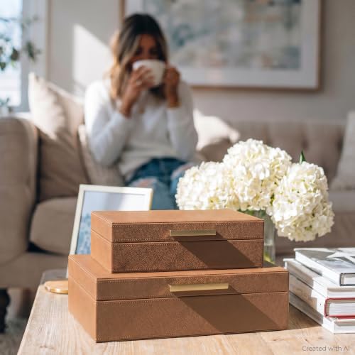 Decorative Storage Boxes with Lids - Set of 2 PU Leather Organizer Bins - color: Brown