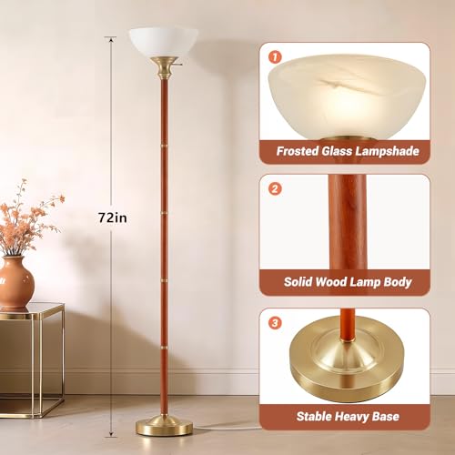 EJIAXIN 72" Wood Torchiere Floor Lamp with Glass Shade Gold Standing Lamp - color: Gold