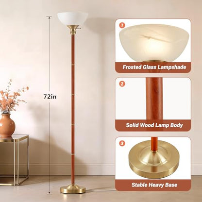 EJIAXIN 72" Wood Torchiere Floor Lamp with Glass Shade Gold Standing Lamp - color: Gold