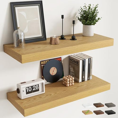 36 Inch Floating Shelves for Wall 2 Pack, 12"D Wood Grain Bathroom Shelves - color: (B.o.) Natural Oak Finish, size: 36"W x 12"D x 1.5"H, 2 Pack