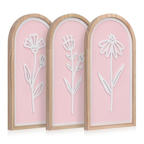 3D Wooden Floral Wall Art Set of 3, Pink Arched Boho Bedroom Wall Decor - color: Pink