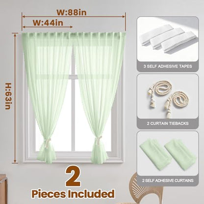 Sage Green Gauze Curtains Sheer Self-Adhesive, Translucent Privacy Panel, Fold-Up Portable Curtain No Drill (44" W x 63" L,Sage Green,2 Panels) - color: Sage Green, size: 44"W x 63"L (Pack of 2)