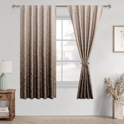 DWCN Brown Ombre Room Darkening Curtains 54 inch Length - Damask Patterned Back Tab Small Window Drapes with Tiebacks Thermal Insulted Curtains for Bedroom/Kitchen, 2 Panels, 42 x 54 Inch - color: Brown, size: 42"W x 54"L (Pack of 2)