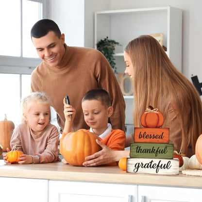 4 Pcs Fall Wooden Table Sign Fall Wooden Tiered Tray Decor Thankful Blessed Grateful Tabletop Signs Farmhouse Pumpkin Wood Blocks for Autumn Thanksgiving Harvest Home Kitchen Table Shelf Decor