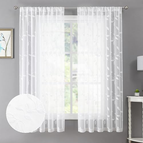 Tollpiz White Leaf Sheer Curtain Living Room Short 54 x 54 Inches - color: White, size: 54"W x 54"L (Pack of 2)