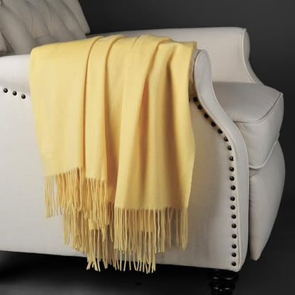 CUDDLE DREAMS Premium Cashmere Throw Blanket with Fringe (Yellow) - color: Yellow
