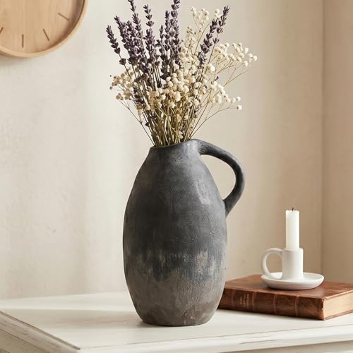 Rustic Ceramic Vase with Handle, 10.3 Inch, Handmade Decor - color: Black